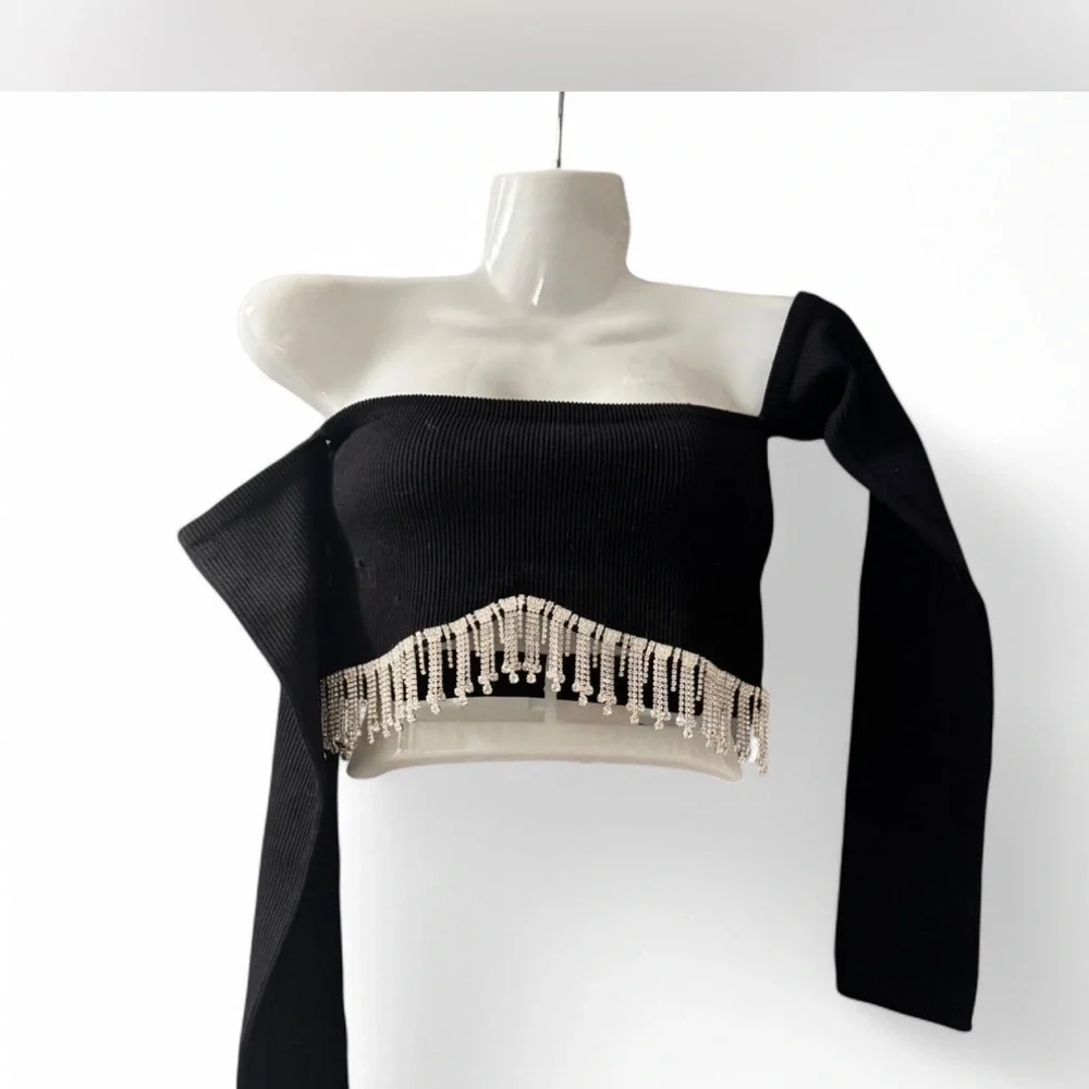 ZARA Elegant Black Off-Shoulder Top with Fringe